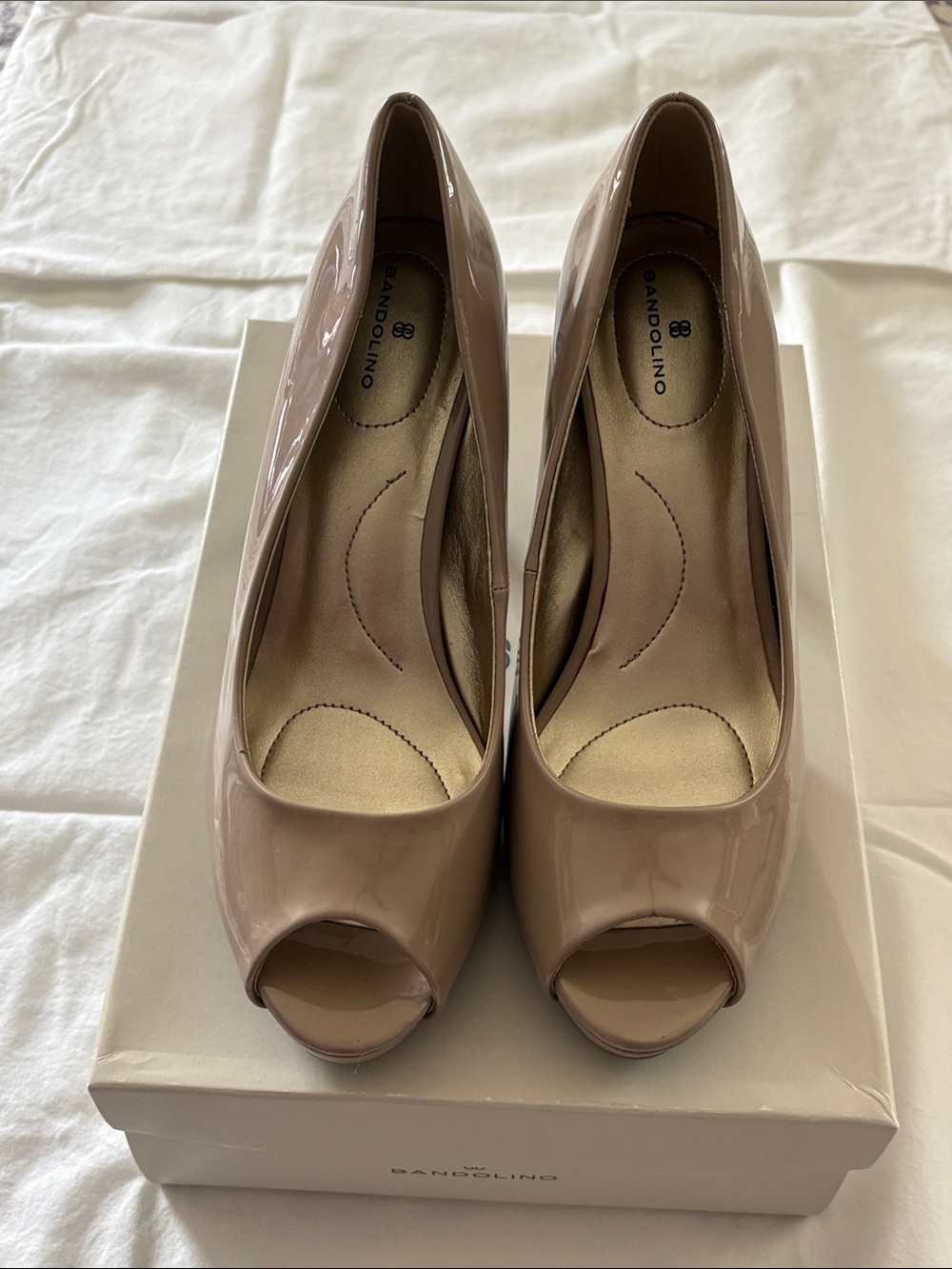 Bandolino Patent Peep-Toe Heels in Taupe
